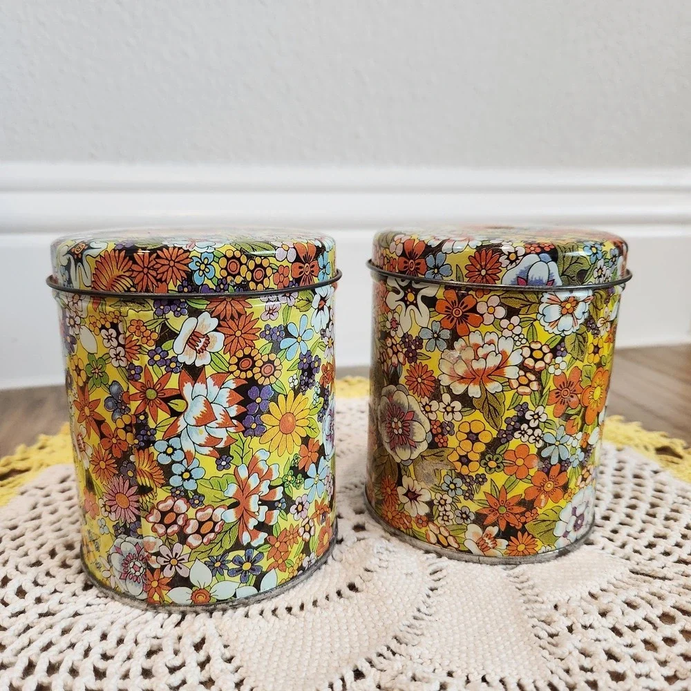 Vintage 70s Set Of 2 Floral Canister Hippie Retro Tins MCM Flower Power 4.5in